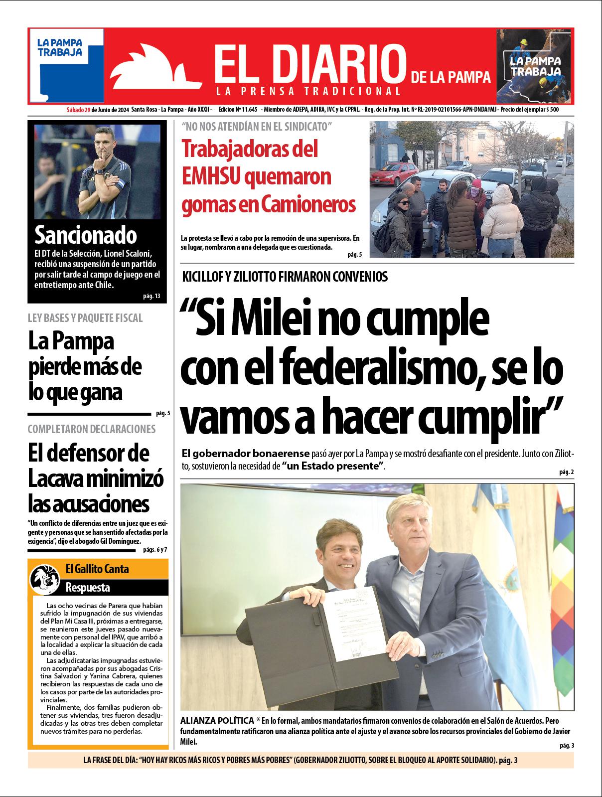 Tapa de El Diario en papel  saacutebado 29 de junio de 2024